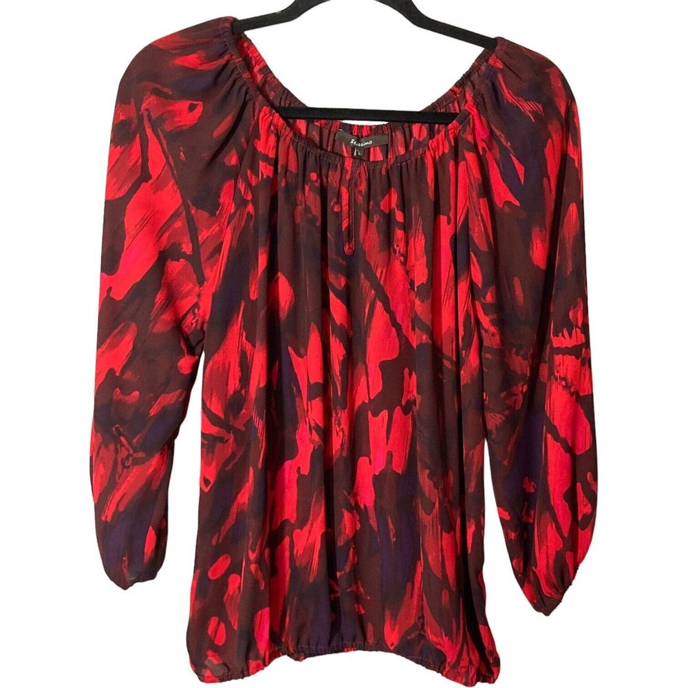 Belissimo Womens Large Red/Black Semi Sheer Smocked Long Sleeve Blouse Top